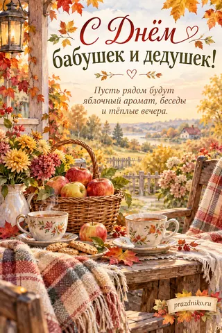 Открытка «День бабушек и дедушек»: С Днём бабушек и дедушек!
Пусть рядом будут яблочный аромат, беседы и тёплые вечера.
prazdniko.ru