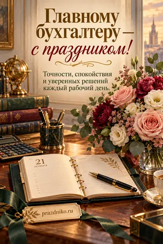 Открытка «День бухгалтера» — бухгалтеру: Главному бухгалтеру —
с праздником!
Точности, спокойствия
и уверенных решений
каждый рабочий день.
prazdniko.ru