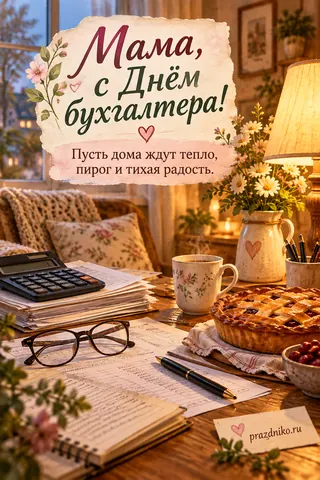 Открытка «День бухгалтера» — маме: Мама,
с Днём бухгалтера!
Пусть дома ждут тепло,
пирог и тихая радость.
prazdniko.ru