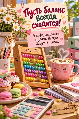 Открытка «День бухгалтера»: Пусть баланс
всегда
сходится!
А кофе, сладости
и удача всегда
будут в плюсе.
prazdniko.ru