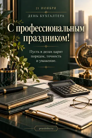Открытка «День бухгалтера»: 21 НОЯБРЯ
ДЕНЬ БУХГАЛТЕРА
С профессиональным
праздником!
Пусть в делах царят
порядок, точность
и уважение.
prazdniko.ru