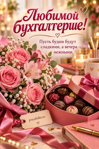 Открытка «День бухгалтера» — любимой: Любимой
бухгалтерше!
Пусть будни будут
сладкими, а вечера —
нежными.
prazdniko.ru