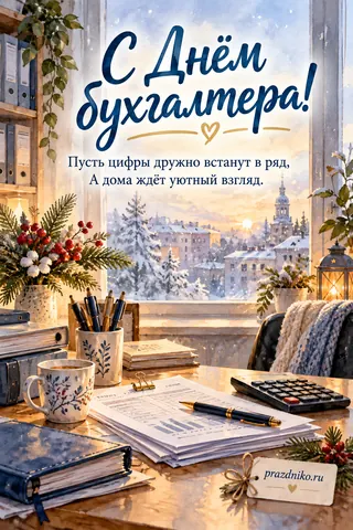 Открытка «День бухгалтера»: С Днём бухгалтера!
Пусть цифры дружно встанут в ряд,
А дома ждёт уютный взгляд.