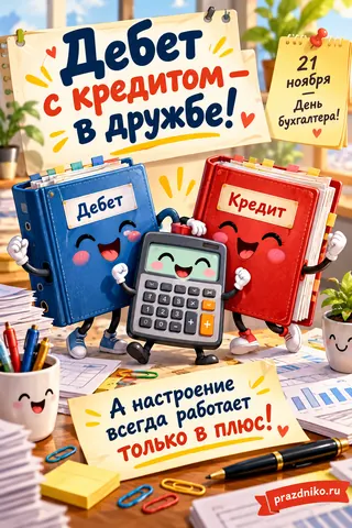 Открытка «День бухгалтера»: Дебет с кредитом — в дружбе!
21 ноября — День бухгалтера!
А настроение всегда работает только в плюс!