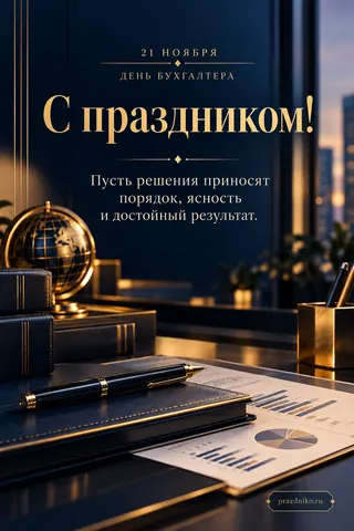 Открытка «День бухгалтера»: 21 ноября
День бухгалтера
С праздником!
Пусть решения приносят порядок, ясность и достойный результат.