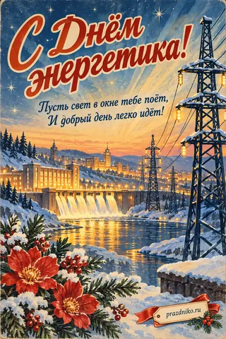 Открытка «День энергетика»: С Днём энергетика!
Пусть свет в окне тебе поёт,
И добрый день легко идёт!