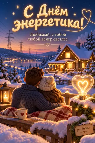 Открытка «День энергетика» — любимому: С Днём энергетика!
Любимый, с тобой любой вечер светлее.
