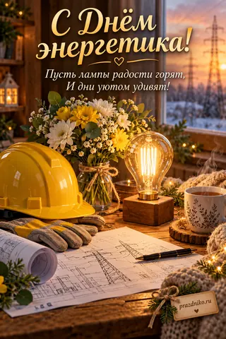 Открытка «День энергетика»: С Днём энергетика!
Пусть лампы радости горят,
И дни уютом удивят!