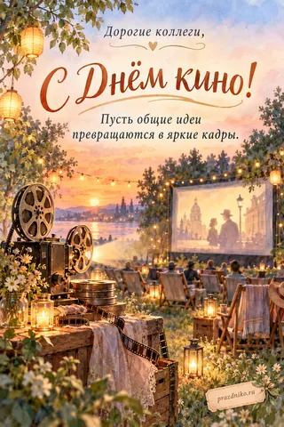 Открытка «День кино» — коллегам: Дорогие коллеги,
С Днём кино!
Пусть общие идеи превращаются в яркие кадры.