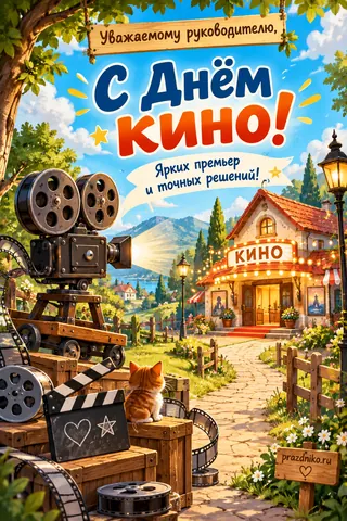 Открытка «День кино» — руководителю: Уважаемому руководителю,
С Днём кино!
Ярких премьер и точных решений!
КИНО