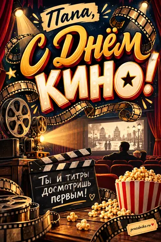 Открытка «День кино» — папе: Папа, с Днём кино!
Ты и титры досмотришь первым!