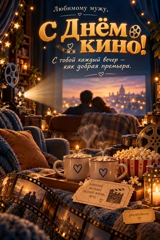 Открытка «День кино» — мужу: Любимому мужу,
С Днём кино!
С тобой каждый вечер — как добрая премьера.
Хорошие фильмы делают жизнь ярче
