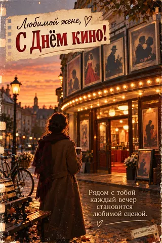 Открытка «День кино» — жене: Любимой жене,
С Днём кино!
Рядом с тобой каждый вечер становится любимой сценой.