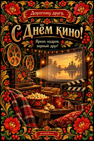 Открытка «День кино» — другу: Дорогому другу,
С Днём кино!
Ярких кадров, верный друг!