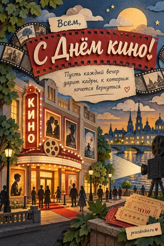 Открытка «День кино»: Всем,
С Днём кино!
Пусть каждый вечер дарит кадры, к которым хочется вернуться.
КИНО
