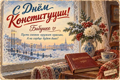 Открытка «День Конституции России» — бабушке: С Днём Конституции!
Бабушке
Пусть снежок кружит красиво,
А на сердце будет диво!
Конституция
prazdniko.ru