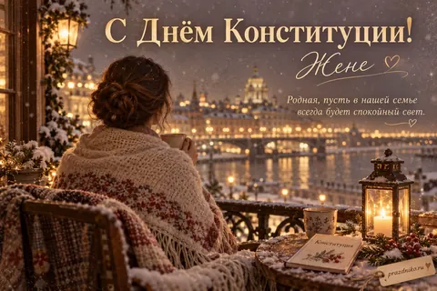 Открытка «День Конституции России» — жене: С Днём Конституции!
Жене
Родная, пусть в нашей семье всегда будет спокойный свет.