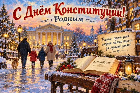 Открытка «День Конституции России» — родным: С Днём Конституции!
Родным
Родные, пусть дома спорят только пироги за лучший запах!