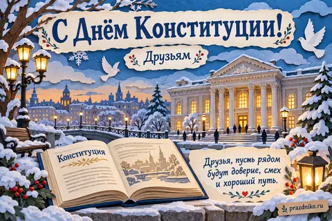 Открытка «День Конституции России» — друзьям: С Днём Конституции!
Друзьям
Друзья, пусть рядом будут доверие, смех и хороший путь.