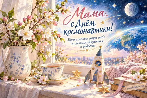 Открытка «День космонавтики» — маме: Мама, с Днём космонавтики!
Пусть мечты зовут тебя
к светлым открытиям
и радости.