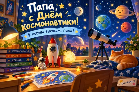 Открытка «День космонавтики» — папе: Папа, с Днём Космонавтики!
К новым высотам, папа!
ЗВЁЗДНОЕ НЕБО
ПЛАНЕТЫ
КОСМОС
ПЕРВЫЙ ПОЛЁТ
УДИВИТЕЛЬНАЯ ВСЕЛЕННАЯ