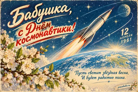Открытка «День космонавтики» — бабушке: Бабушка, с Днём космонавтики!
12 апреля 1961
Пусть светит звёздная весна,
И будет радостью полна.