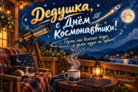 Открытка «День космонавтики» — дедушке: Дедушка, с Днём Космонавтики!
Пусть чай взлетает бодро,
а дема идут по орбите!