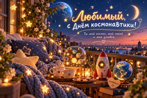 Открытка «День космонавтики» — любимому: Любимый, с Днём космонавтики!
Ты мой космос, мой покой
и моя улыбка.
