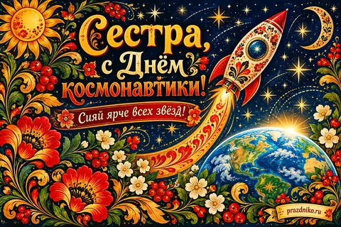 Открытка «День космонавтики» — сестре: Сестра, с Днём космонавтики!
Сияй ярче всех звёзд!