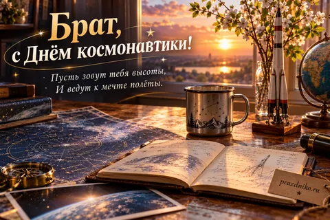 Открытка «День космонавтики» — брату: Брат, с Днём космонавтики!
Пусть зовут тебя высоты,
И ведут к мечте полёты.