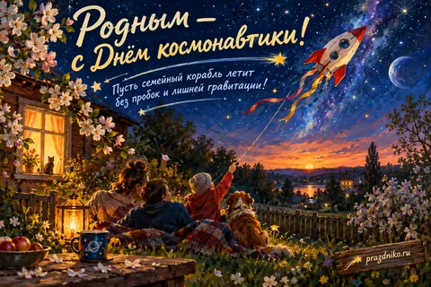 Открытка «День космонавтики» — родителям: Родным — с Днём космонавтики!
Пусть семейный корабль летит
без пробок и лишней гравитации!