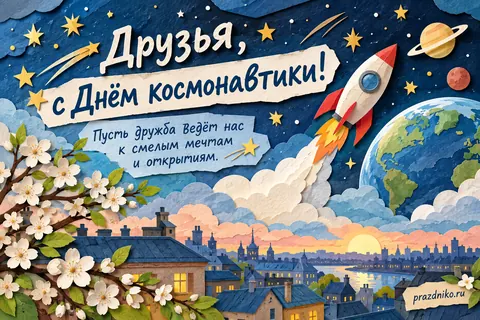 Открытка «День космонавтики» — друзьям: Друзья, с Днём Космонавтики!
Пусть дружба ведёт нас
к смелым мечтам
и открытиям.