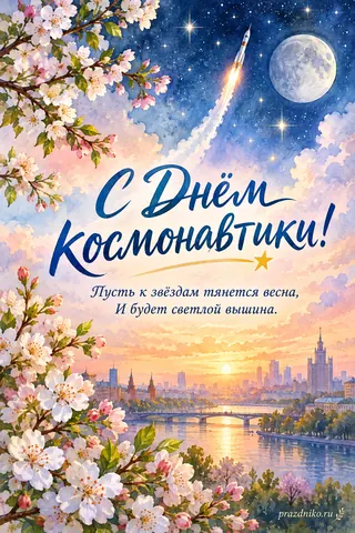 Открытка «День космонавтики»: С Днём Космонавтики!
Пусть к звёздам тянется весна,
И будет светлой вышина.