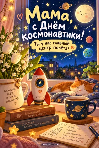 Открытка «День космонавтики» — маме: Мама, с Днём космонавтики!
Ты у нас главный центр полёта!
Больших мечт и ярких открытий!
БОЛЬШИЕ ВОЗМОЖНОСТИ
СЧАСТЬЕ БЛИЖЕ, ЧЕМ КАЖЕТСЯ
Мечтать
Верить
Исследовать
Быть счастливой
Ты можешь всё!