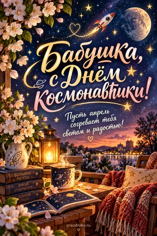Открытка «День космонавтики» — бабушке: Бабушка, с Днём Космонавтики!
Пусть апрель согревает тебя
светом и радостью!
Большие мечты
Яркие открытия
Добрые люди