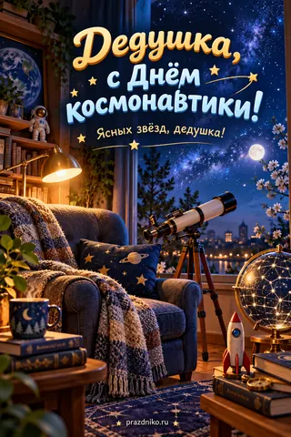 Открытка «День космонавтики» — дедушке: Дедушка, с Днём космонавтики!
Ясных звёзд, дедушка!
