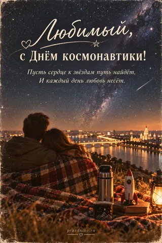 Открытка «День космонавтики» — любимому: Любимый, с Днём космонавтики!
Пусть сердце к звёздам путь найдёт,
И каждый день любовь несёт.