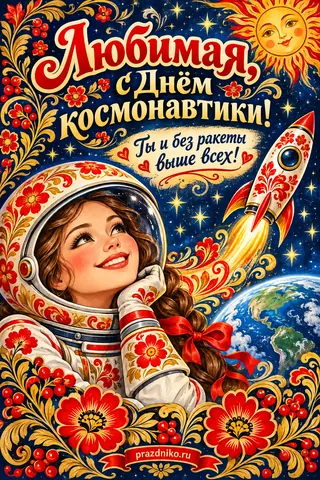 Открытка «День космонавтики» — любимой: Любимая, с Днём космонавтики!
Ты и без ракеты выше всех!