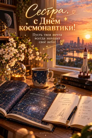 Открытка «День космонавтики» — сестре: Сестра, с Днём космонавтики!
Пусть твоя мечта всегда находит
своё небо!
Атлас звёздного неба
Космос
Вселенная
Большие мечты начинаются здесь
Больше открытий
Ярких идей
Счастья
И своего неба!