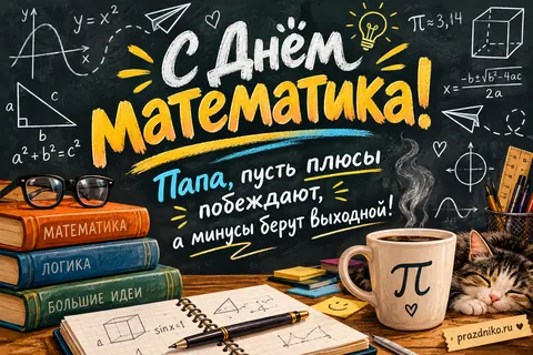 Открытка «День математика» — папе: С Днём математика!
Папа, пусть плюсы
побеждают,
а минусы берут выходной!