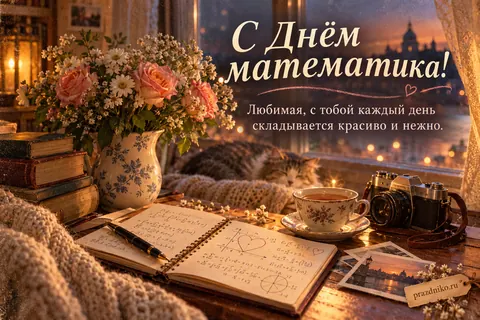 Открытка «День математика» — любимой: С Днём математика!
Любимая, с тобой каждый день
складывается красиво и нежно.
