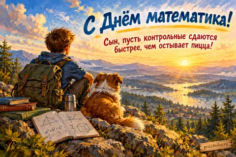 Открытка «День математика» — сыну: С Днём математика!
Сын, пусть контрольные сдаются
быстрее, чем остывает пицца!