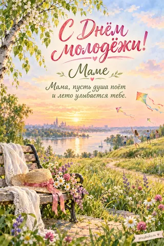 Открытка «День молодёжи» — маме: С Днём молодёжи!
Маме
Мама, пусть душа поёт
и лето улыбается тебе.
