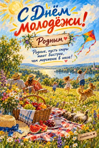 Открытка «День молодёжи» — родителям: С Днём молодёжи!
Родным
Родные, пусть споры тают быстрее,
чем мороженое в июле!