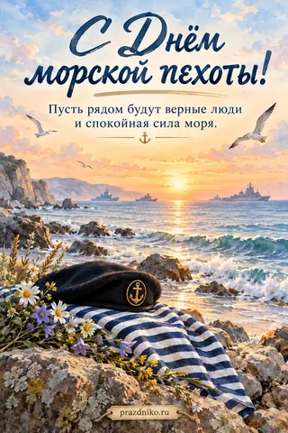 Открытка «День морской пехоты»: С Днём морской пехоты!
Пусть рядом будут верные люди
и спокойная сила моря.