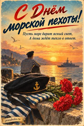 Открытка «День морской пехоты»: С Днём морской пехоты!
Пусть море дарит ясный свет,
А дома ждёт тепло в ответ.