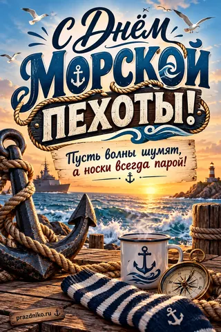 Открытка «День морской пехоты»: С Днём морской пехоты!
Пусть волны шумят, а носки всегда парой!