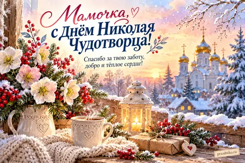 Открытка «День святителя Николая Чудотворца» — маме: Мамочка, с Днём Николая Чудотворца!
Спасибо за твою заботу, добро и тёплое сердце!