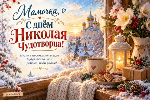 Открытка «День святителя Николая Чудотворца» — маме: Мамочка, с днём Николая Чудотворца!
Пусть в твоем доме всегда будут тепло, уют и добрые люди рядом!