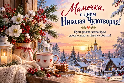 Открытка «День святителя Николая Чудотворца» — маме: Мамочка, с днём Николая Чудотворца!
Пусть рядом всегда будут добрые люди и тёплые события!